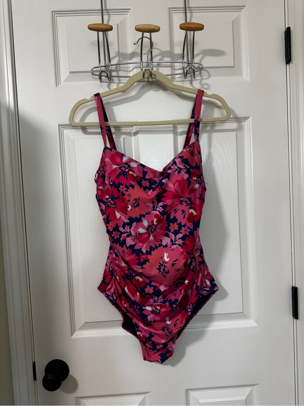 Floral Pink One-Piece Swimsuit with Navy Accents